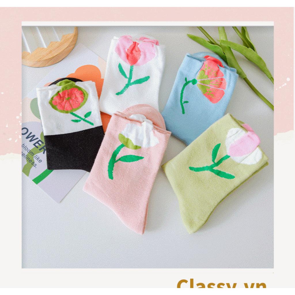 Tất cổ cao, vớ cổ cao hoa tulip Classy chất cotton siêu êm G1347