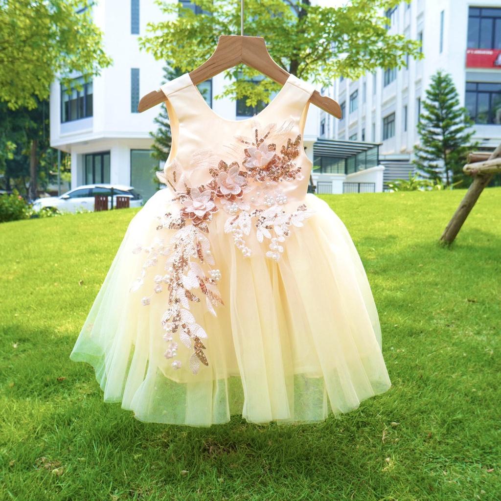 Váy công chúa, đầm công chúa thiết kế màu vàng đính hoa cực kỳ sang chảnh cho bé gái từ 1 đến 10 tuổi của Mom's Choice