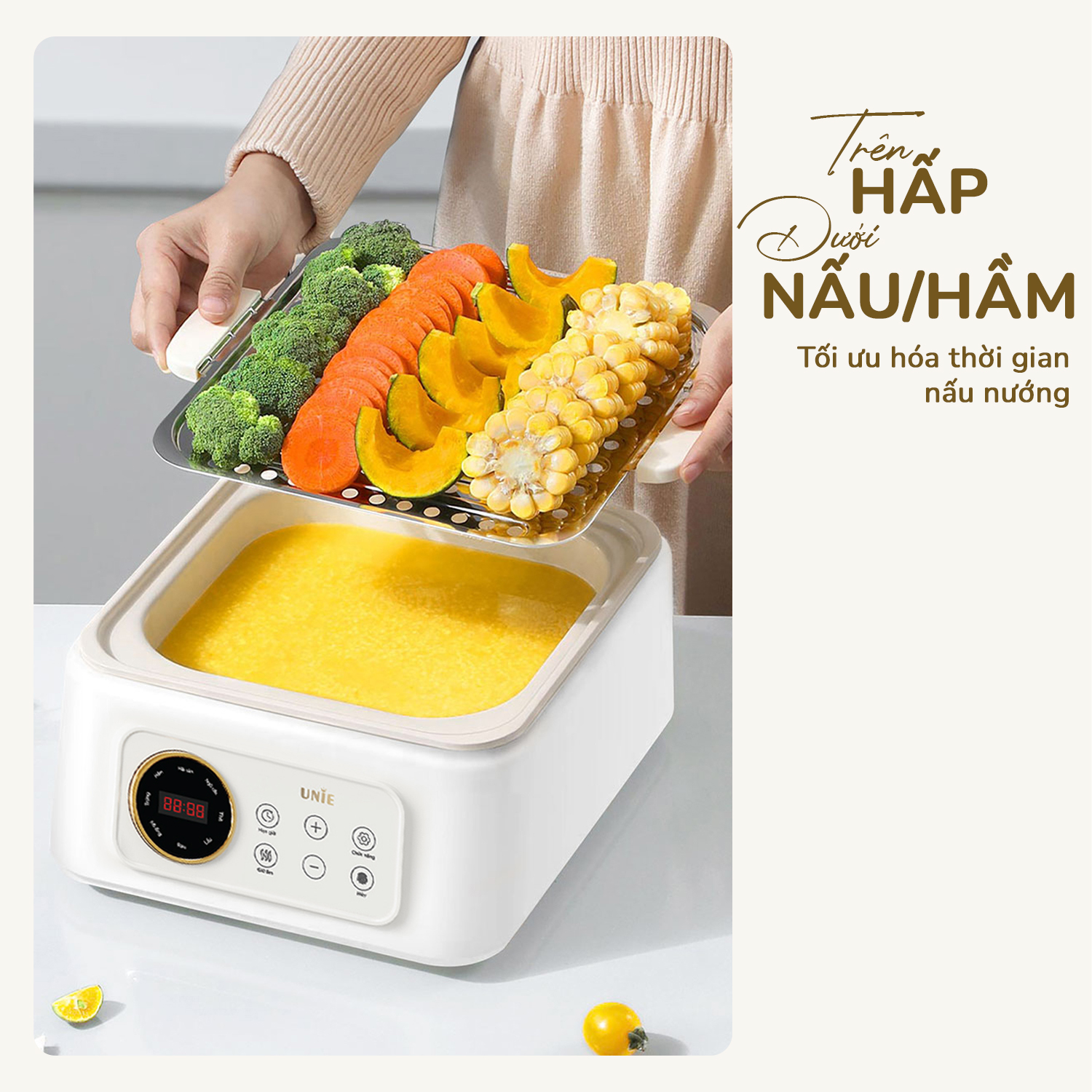 Nồi lẩu, hấp đa năng UNIE UE668, 8 chức năng, dung tích 10L, 2 tầng hấp, hấp gà nguyên con, hấp bên trên nấu bên dưới, Hàng chính hãng bảo hành 12 tháng