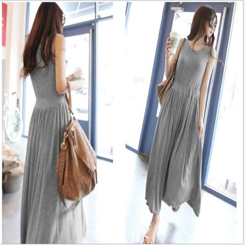Đầm maxi sát nách cổ tròn màu trơn phong cách đơn giản Db20