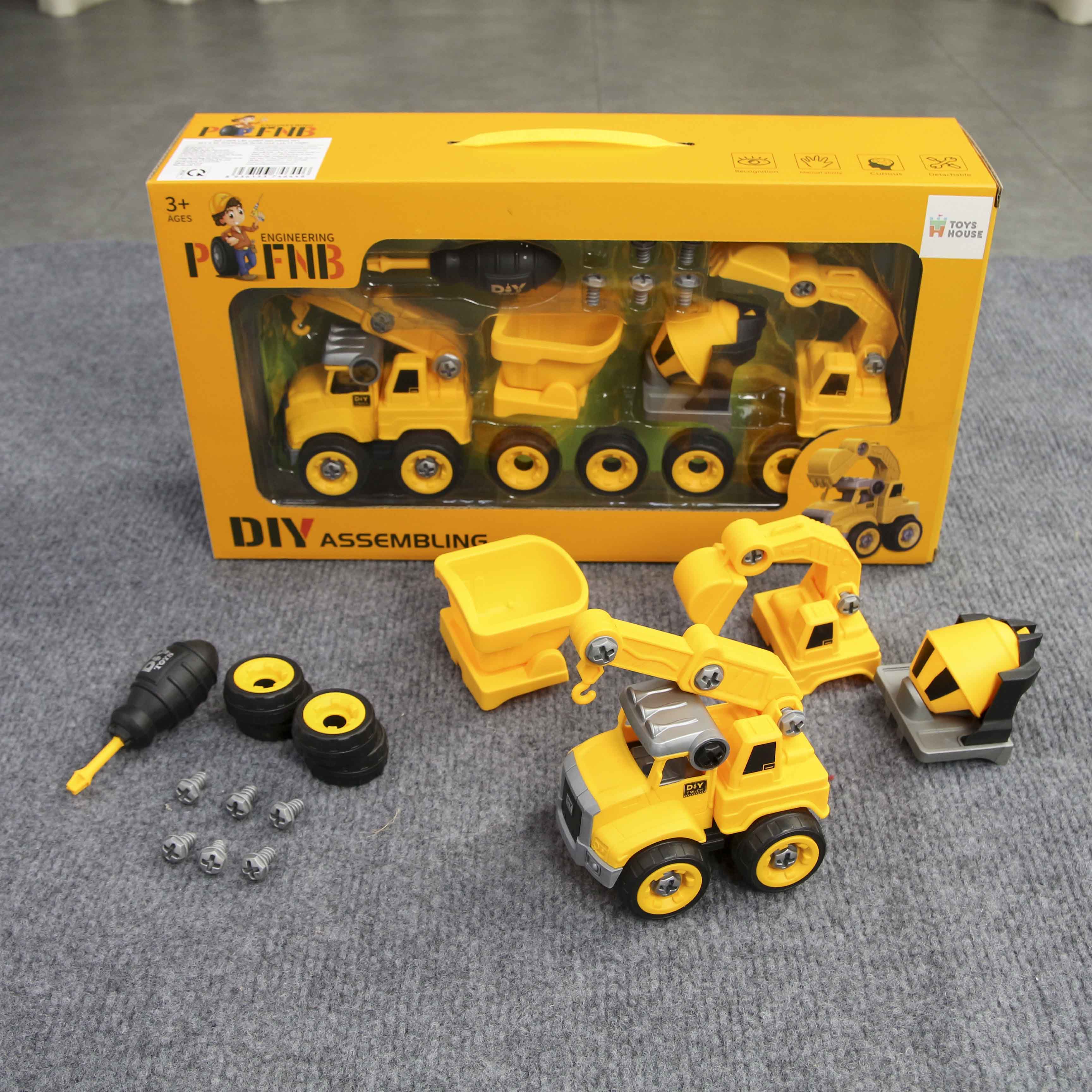 Đồ chơi lắp ghép mô hình oto xây dựng DIY 4 món gồm Cần cẩu, máy múc, xe bồn và xe ben Toys house
