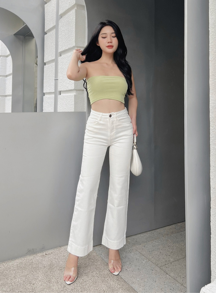 Quần suông đứng nữ màu trắng lưng cao co giãn vải xuất chính cống HQJeans thiết kế HQ71