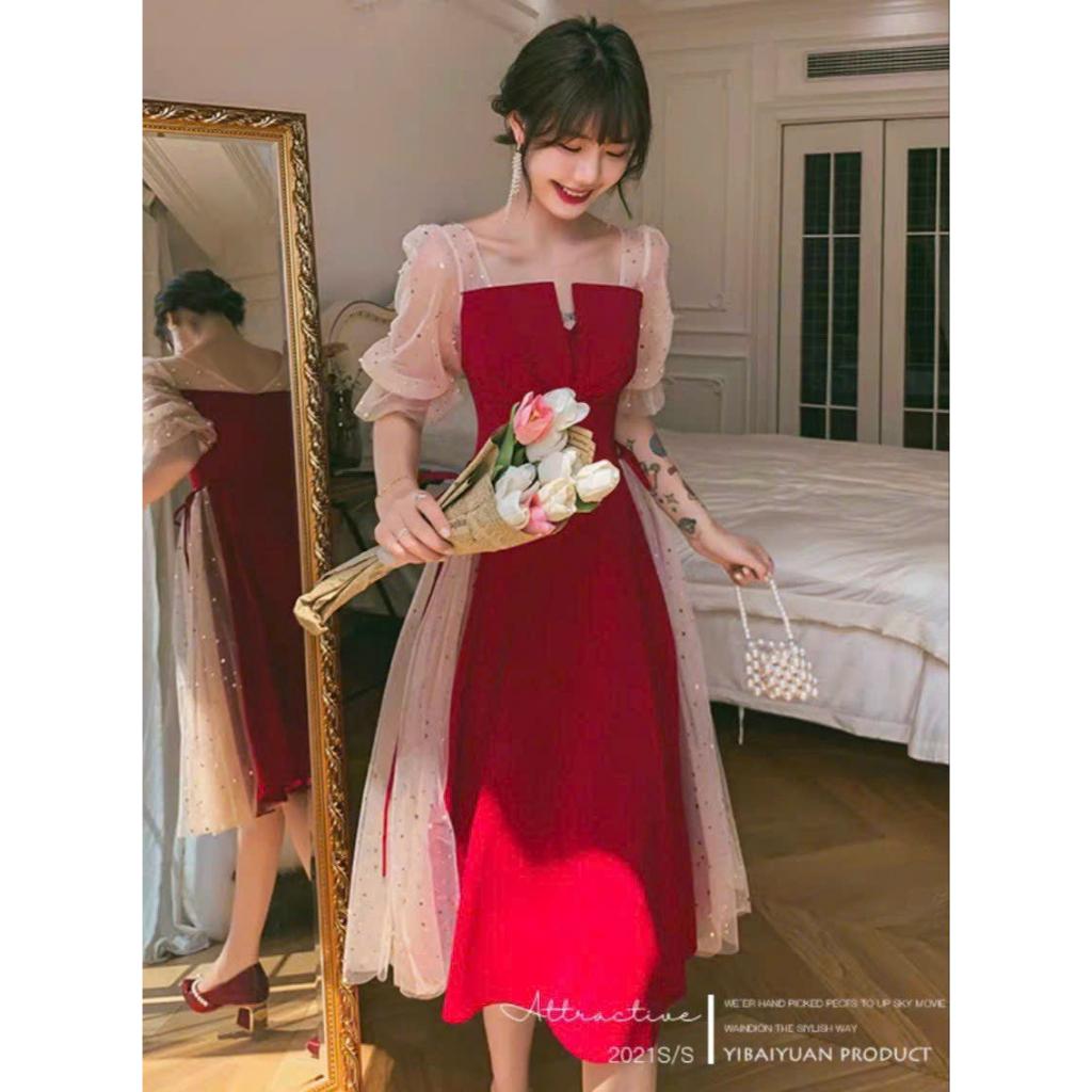 Váy đầm nữ dáng xòe cổ V phối lưới kim sa cột nơ xinh xắn