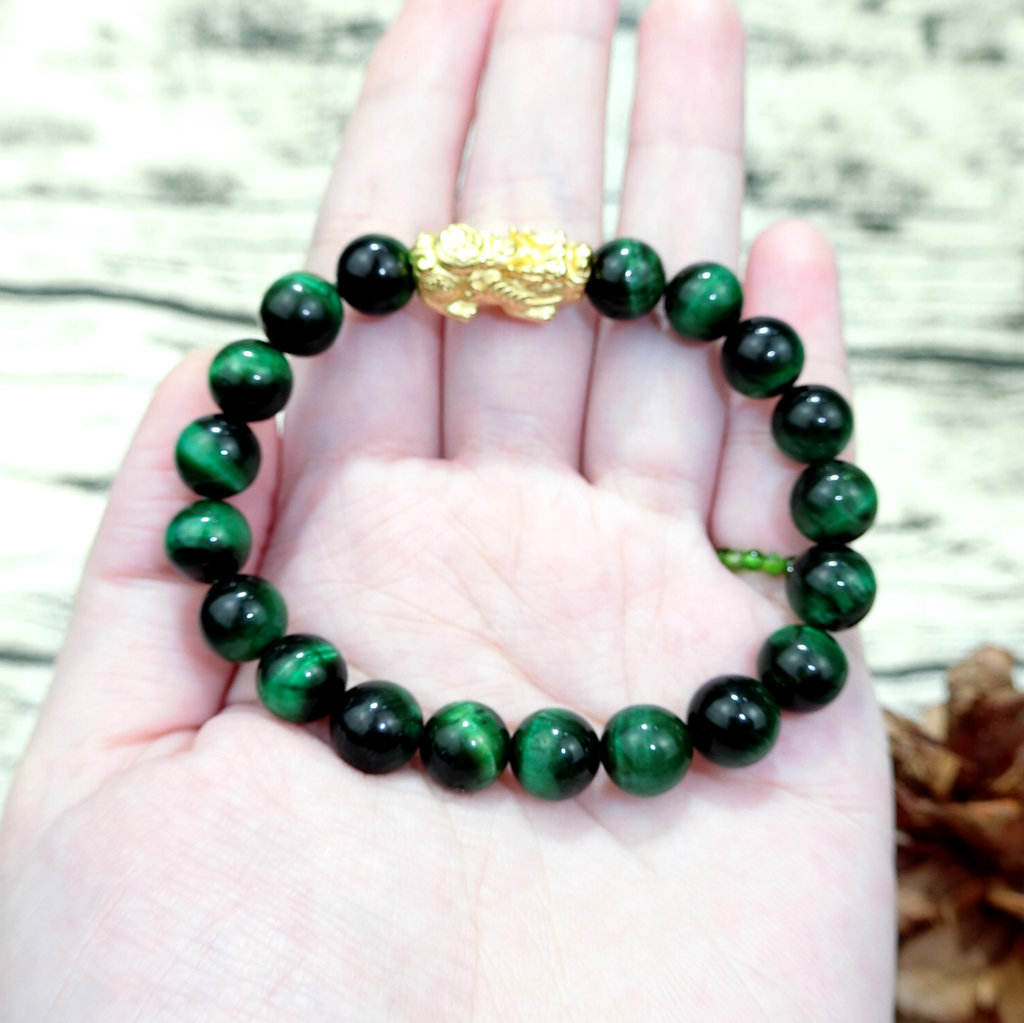 Vòng Tay Phong Thủy Mắt Hổ  Xanh Lá  Tỳ Hưu Mạ Vàng 24 K - Tăng Vượng Khí - Chiêu Tài Bốn Phương - Hợp Mệnh Mộc , Hỏa
