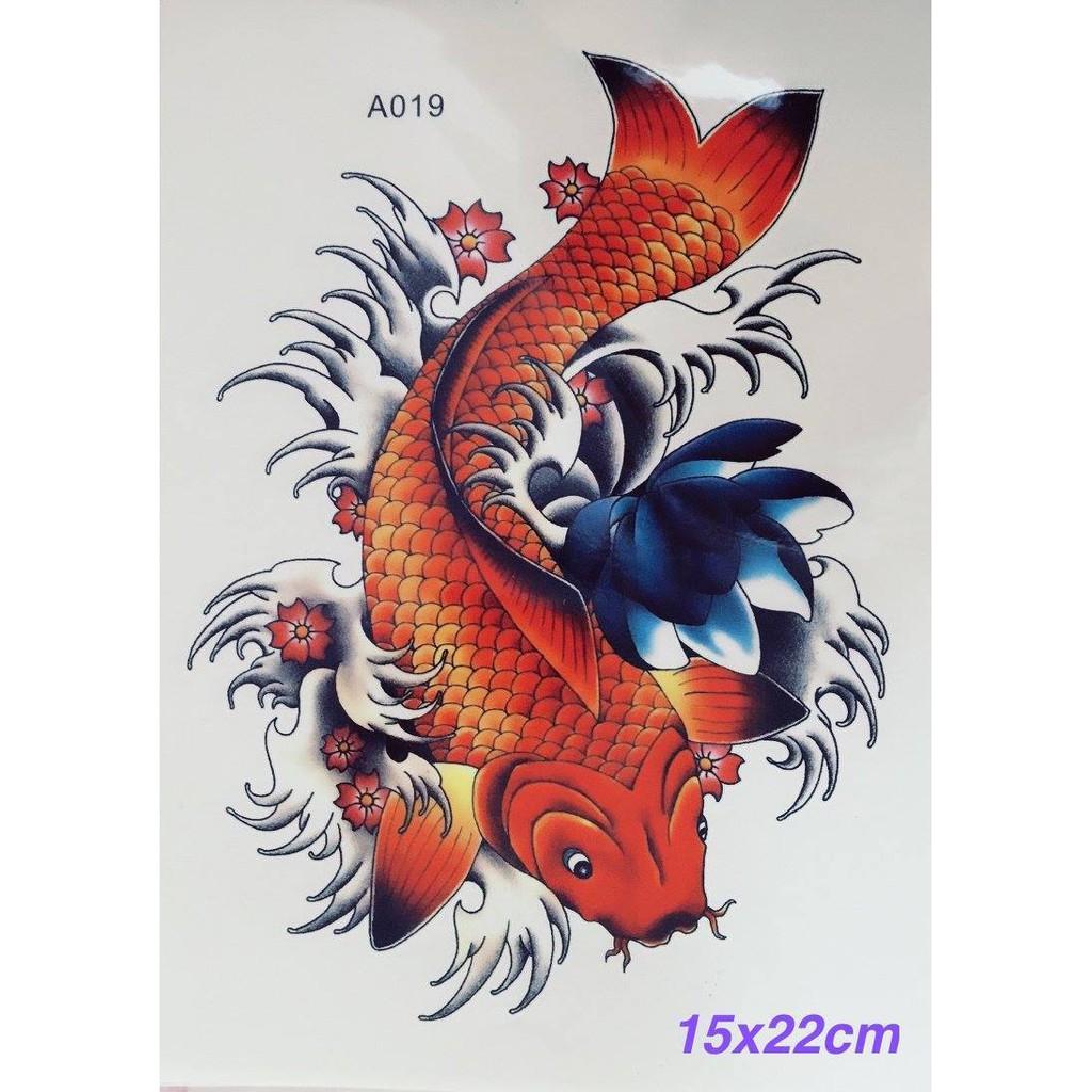 Combo 3 tấm hình xăm dán tattoo cao cấp 15X21cm CÁ CHÉP LƯỚT SÓNG CHỜ HÓA RỒNG