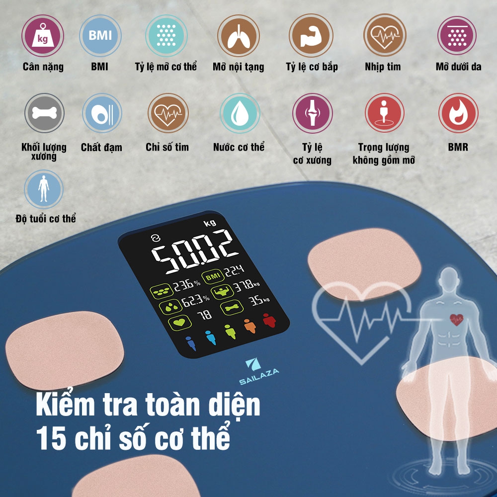 Cân Điện Tử Thông Minh Cao Cấp Kiểm Tra Toàn Diện 15 Chỉ Số Cơ Thể Màn Hình Màu LCD Cao Cấp Tích Hợp App Kết Nối Bluetooth Sailaza SA-1211 - Hàng Chính Hãng