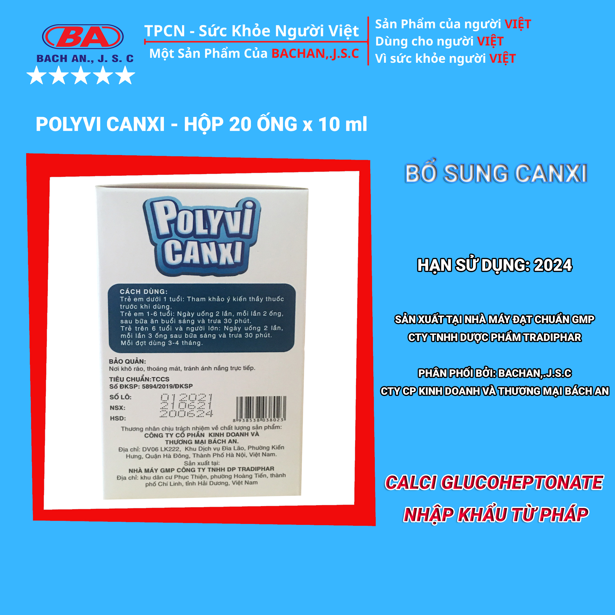 Polyvi Canxi Tăng Chiều Cao Cho Trẻ Với Calxi Glucoheptonate Nhập Khẩu Từ Pháp - Bổ Sung Canxi  Cho Bé Chắc Khỏe Xương - Polyvi Canxi Hộp 20 Ống 10ml