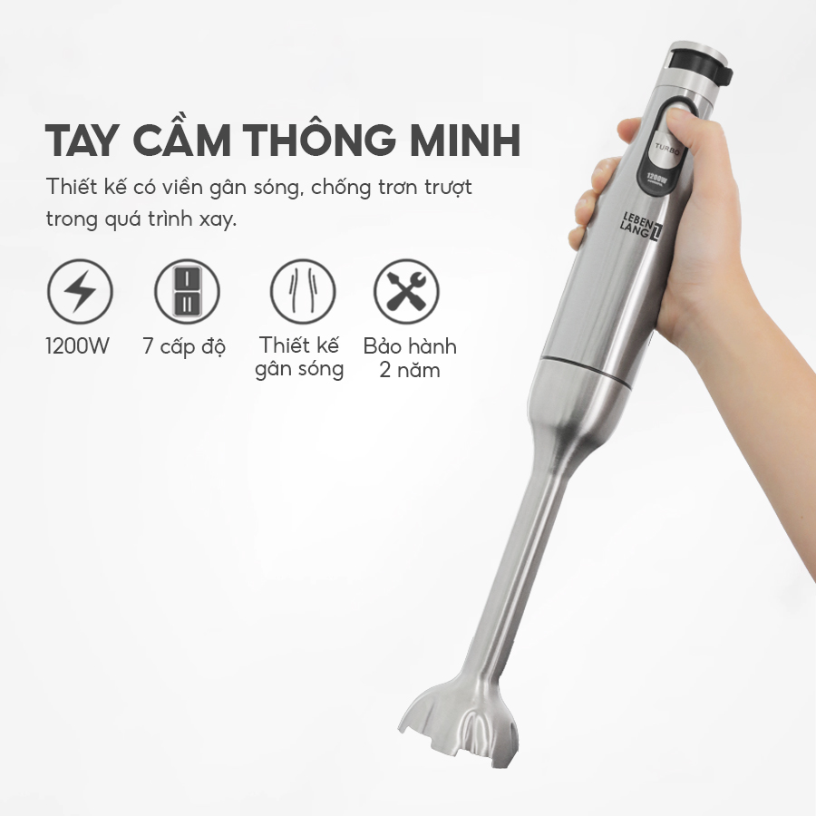 Máy xay sinh tố cầm tay đa năng Lebenlang LBL3969, nhiều đầu thay thế, công suất 1200W, lưỡi dao inox 304, 7 mức độ xay, dễ dàng tháo rời, bảo hành 2 năm - hàng chính hãng