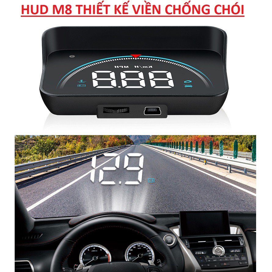 Màn hình hắt kính HUD M8 hiển thị và cảnh báo tốc độ nhiệt độ nước ô tô xe hơi cắm cổng OBD