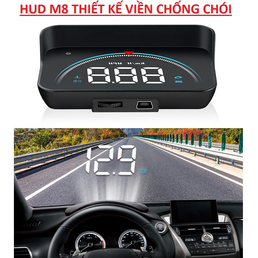 HUD M8 màn hình hắt kính hiển thị tốc độ và cảnh báo tốc độ cắm cổng OBD lái xe an toàn