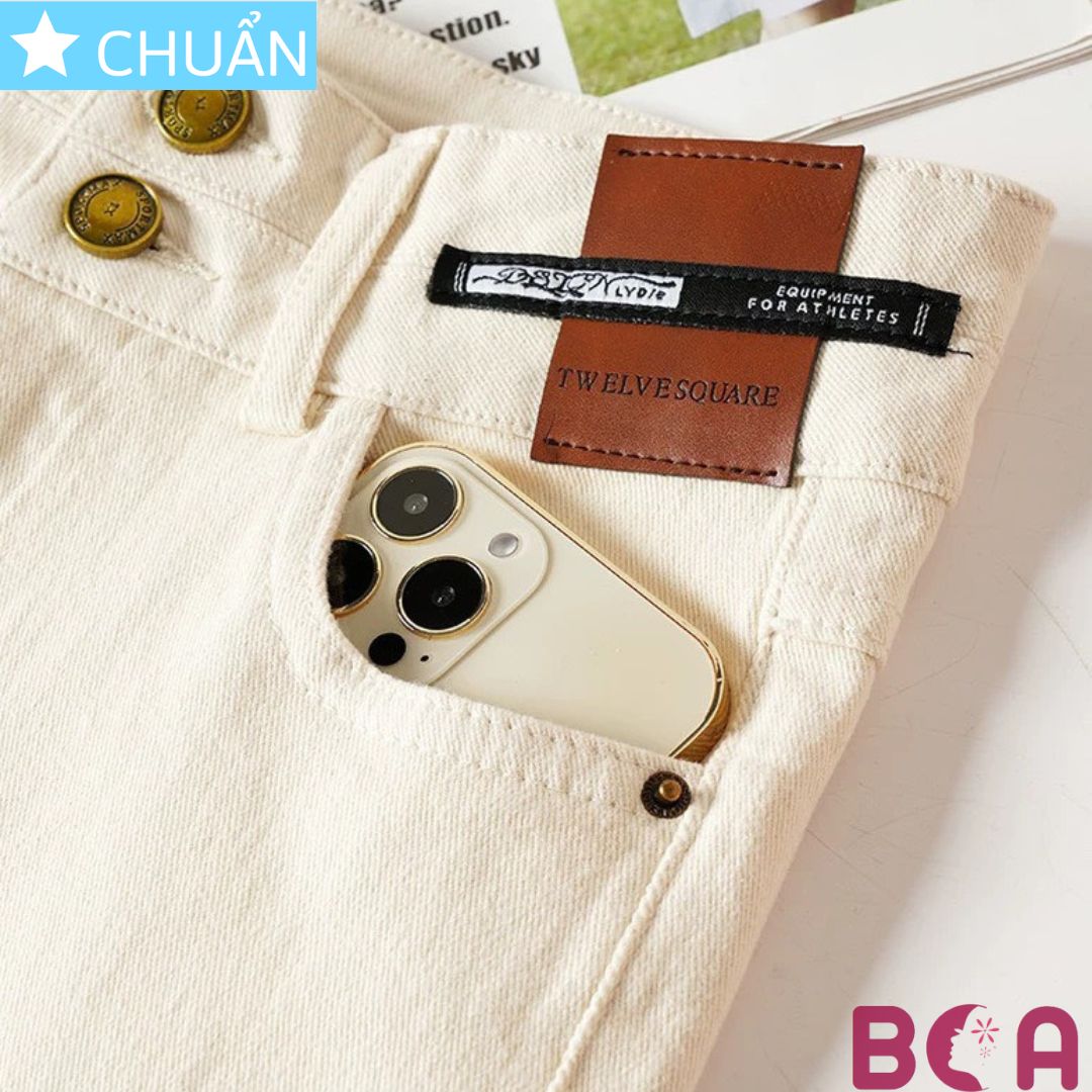 Quần jean nữ ống loe QRO97 ROSATA tại BCASHOP dáng dài thêu hoa, lưng cao 2 nút, phom chuẩn, chất liệu jean - MÀU KEM