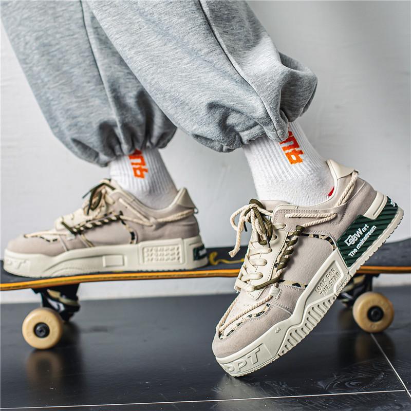 Giày thể thao nam không trượt phẳng cho người đàn ông 2023 giày thể thao nam mùa xuân thời trang thoải mái đến thủy triều cao su trưởng thành Color: Beige Shoe Size: 44