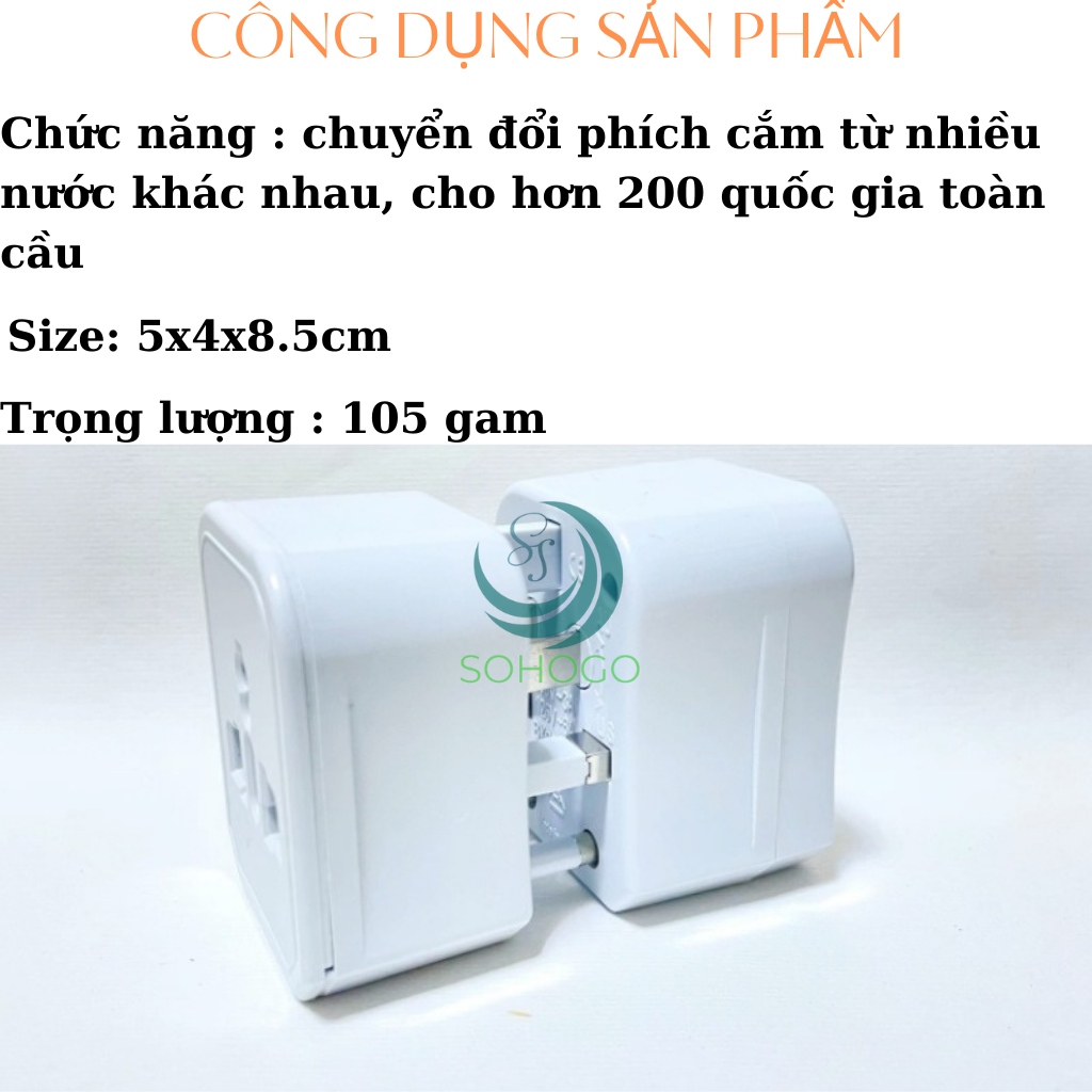 Ổ cắm du lịch đa năng xuyên lục địa 200 Quốc Gia-Ổ cắm chuyển đổi nguồn phù hợp với chuẩn của Châu Âu, Mỹ, Úc, Nhật Bản-Ổ cắm điện đa năng du lịch Universal Travel Adapter nhiều đầu