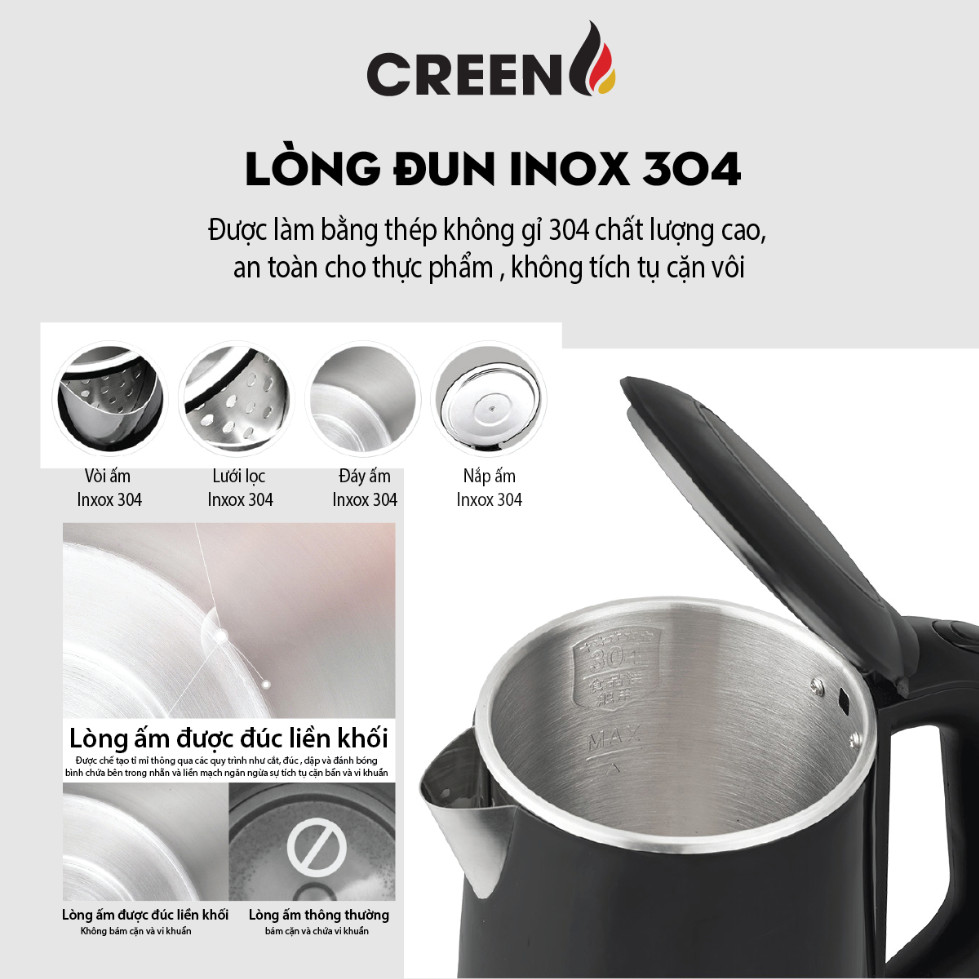 ( SIÊU PHẨM 2026 ) Ấm Siêu Tốc Khử Clo inox304 Creen CR-SW17B Dung Tích 1,7L Chuẩn Công Nghệ Đức - Điều Chỉnh Nhiệt Độ - Hàng Chính Hãng