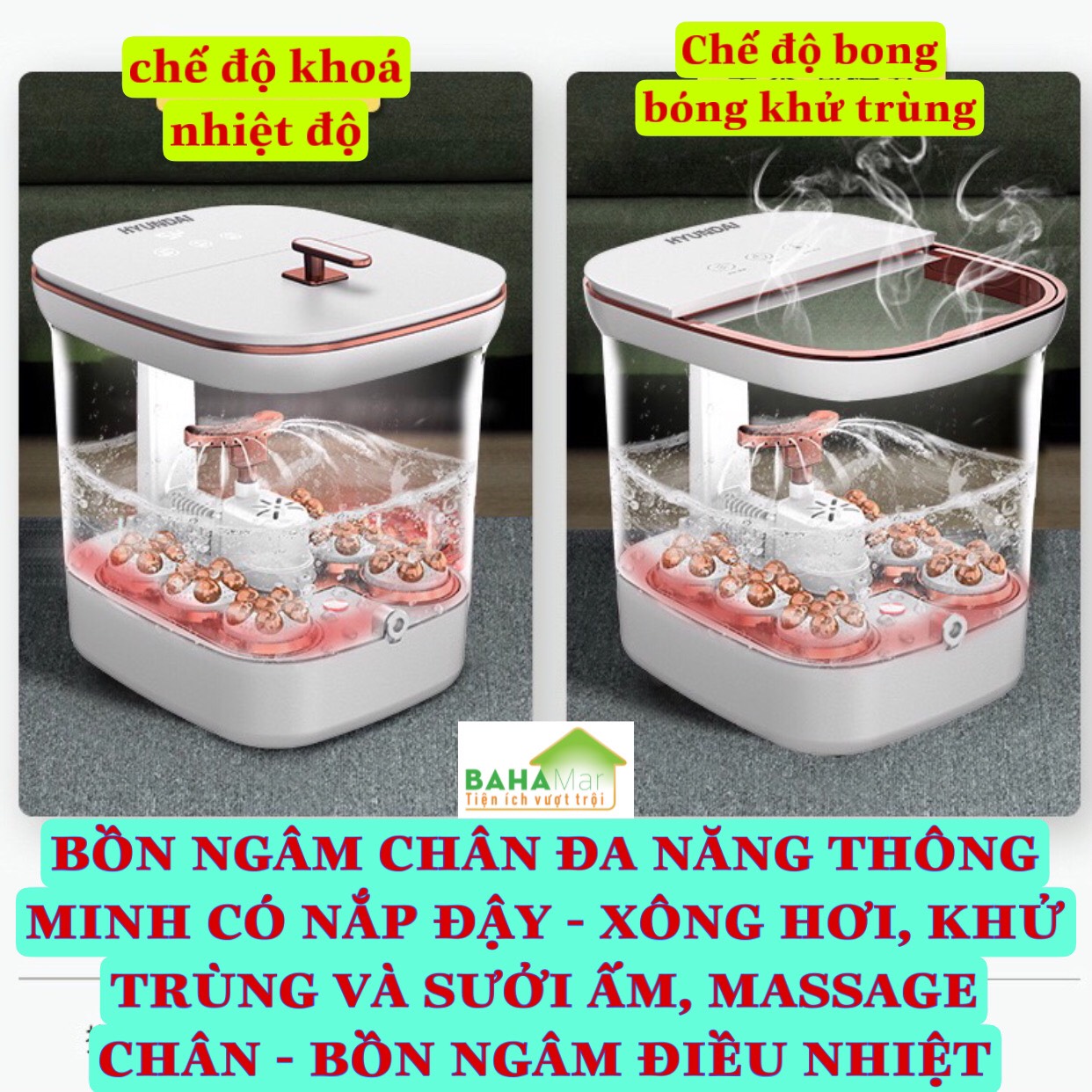 BỒN NGÂM CHÂN ĐA NĂNG THÔNG MINH CÓ NẮP ĐẬY - XÔNG HƠI, KHỬ TRÙNG VÀ SƯỞI ẤM, MASSAGE CHÂN - BỒN NGÂM ĐIỀU NHIỆT &quot;BAHAMAR&quot;  sử dụng tia hồng ngoại sưởi ấm giúp cơ khớp tuần hoàn, và sử dụng các con lăn giúp massage bấm huyệt