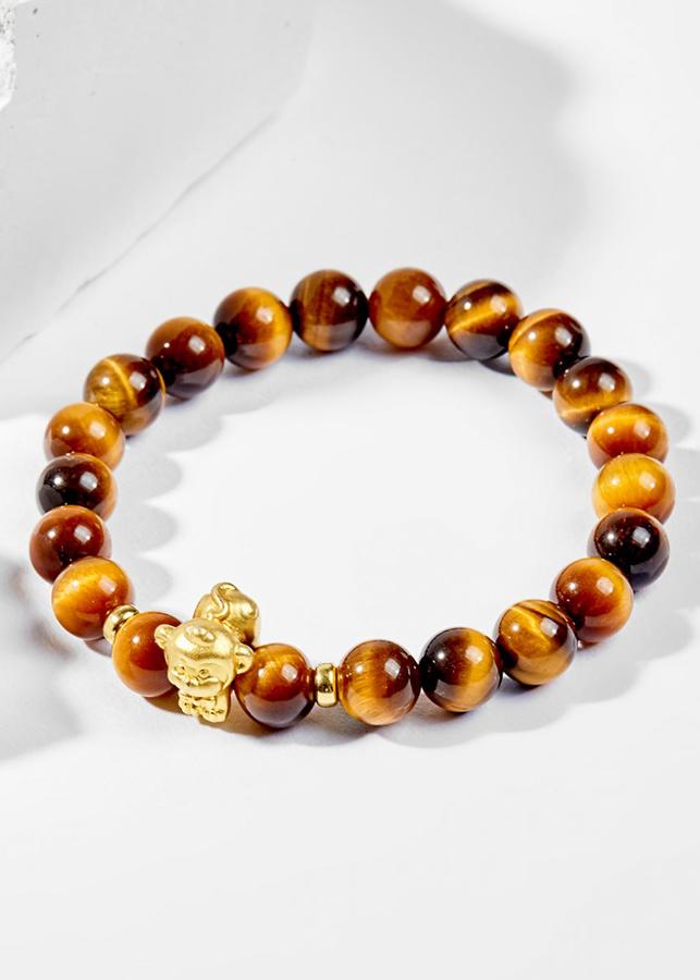 Vòng Tay Phong Thủy Đá Mắt Hổ Vàng Nâu Phối Charm Tuổi Thân Bạc Mạ Vàng 24K  Mệnh Thổ, Kim Ngọc Quý Gemstones