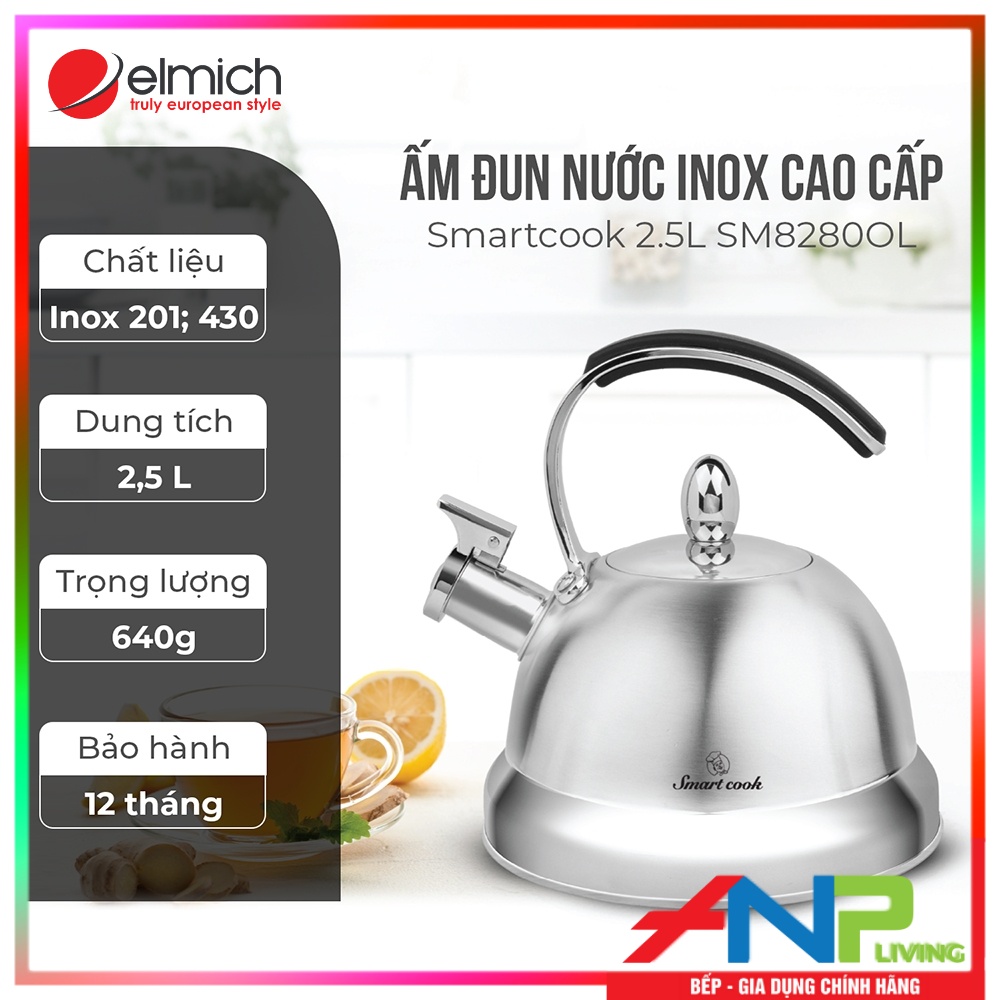 Ấm Đun Nước Siêu Tốc Dùng Cho Bếp Từ Elmich Smartcook SM8280OL (Chất Liệu inox 304 - Dung Tích 2,5L - Có Còi Báo Khi Nước Sôi) - Hàng Chính Hãng