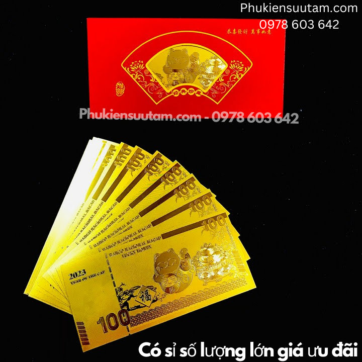 Thiệp Lì Xì Con Mèo Thần Tài Mạ Vàng Plastic, kích thước: 20cmx10cm, màu đỏ - SP005901