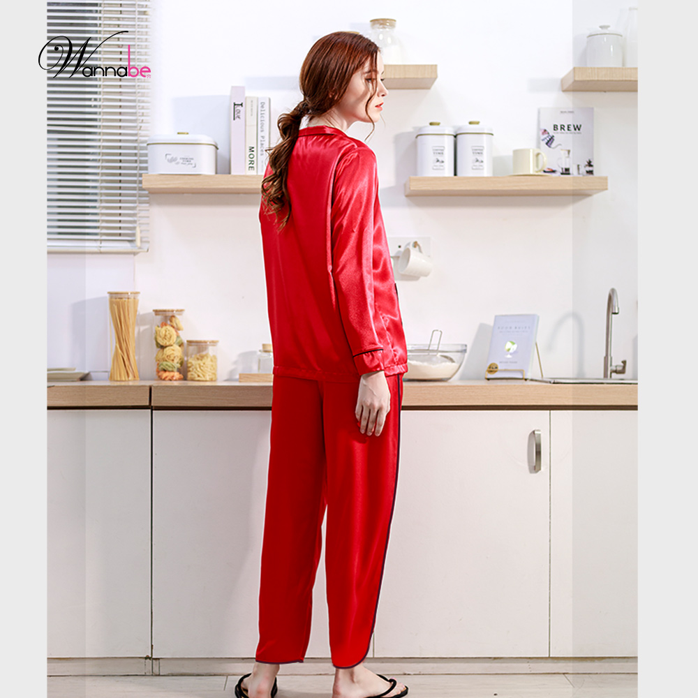 Đồ bộ mặc nhà pijama nữ WANNABE BDS44 đồ bộ quần dài phối áo tay dài trang trí hai túi bo tròn xinh xắn nữ tính quý phái