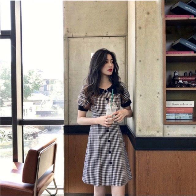 ĐẦM SUÔNG NỮ CARO PHỐI NÚT DỌC