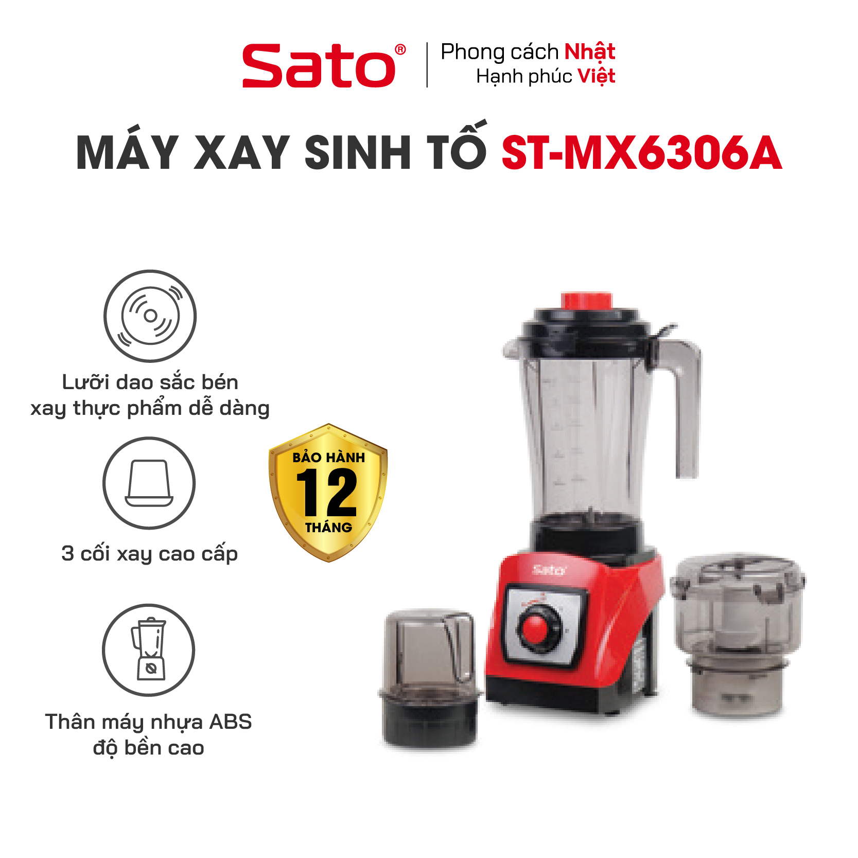 Máy xay sinh tố đa năng SATO MX6306A - Mô tơ điện được quấn dây 100% đồng nguyên chất có độ bền cao - Miễn phí vận chuyển toàn quốc - Hàng chính hãng