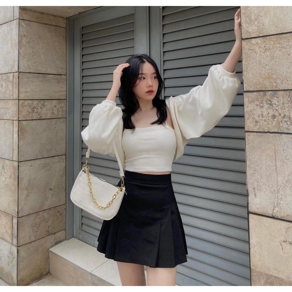 Set 3 món Cardigan kèm chân váy xếp ly - 1 áo Cardigan, 1 áo 2 dây, 1 chân váy ngắn dáng xếp ly trẻ trung