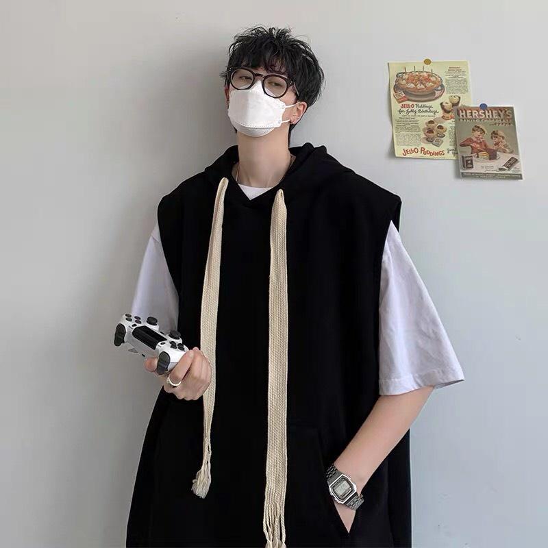 Áo Hoodie form rộng trơn sát nách có mũ trùm đầu phối dây dài Áo HOODIE cổ tròn khồng tay nam nữ đều mặc mùa thu đông