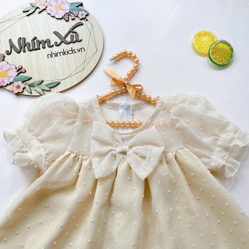 Váy Babydoll Màu Be Chất Tơ Nảy Hạt Nổi Lót Hubutai Cho Bé 5-32kg [V508