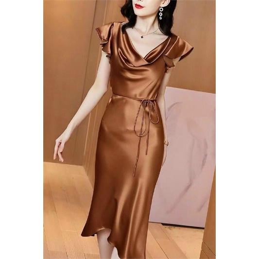 Đầm body trơn cổ đổ tay bèo cột nơ sexy sang chảnh