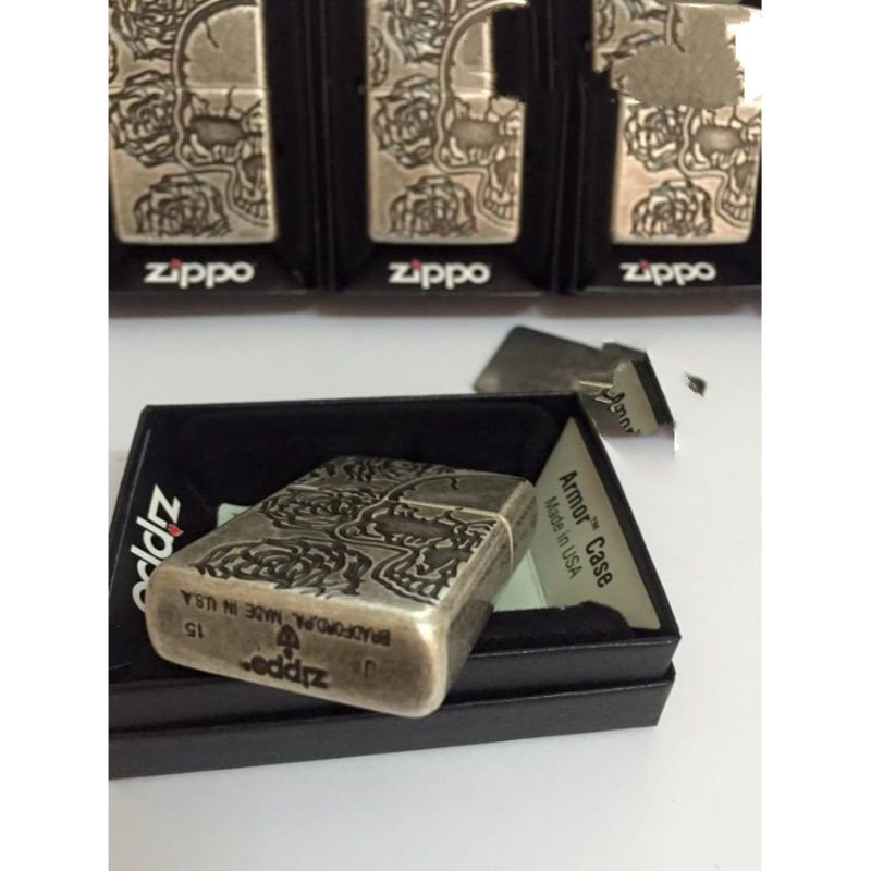 Bật Lửa Zippo Armor Skull Roses Antique Silver Plate Chính Hãng Usa