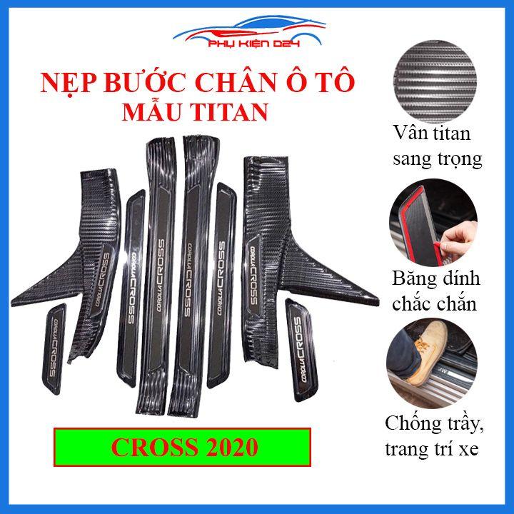 Bộ ốp bậc cửa trong ngoài nẹp bước chân Corolla Cross 2020 vân Titan chống trầy trang trí xe