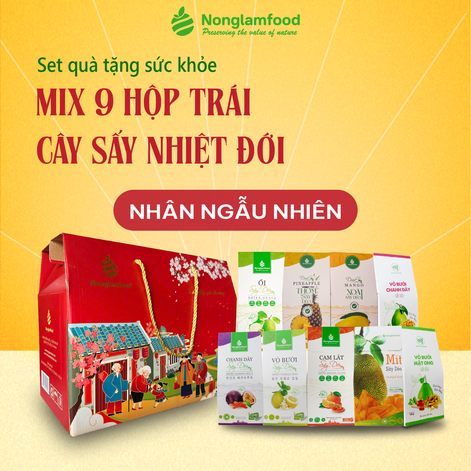[BỘ QUÀ TẾT 2025] Set quà tết Xuân Bừng Lộc mix 9 hộp trái cây đủ vị Nonglamfood | Bộ quà tặng người thân, bạn bè, doanh nghiệp, đối tác