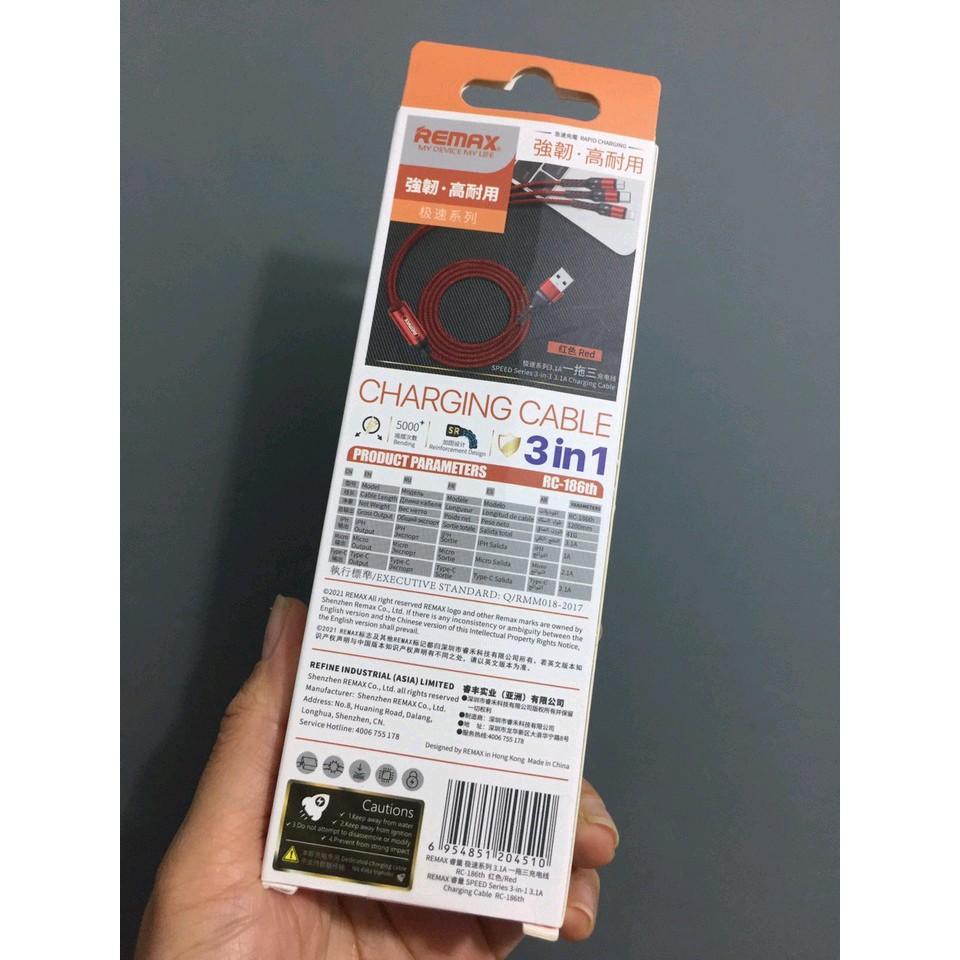 Cáp sạc đa năng 3 đầu M+C+ip Remax RC186th (1.2m) _ Hàng chính hãng