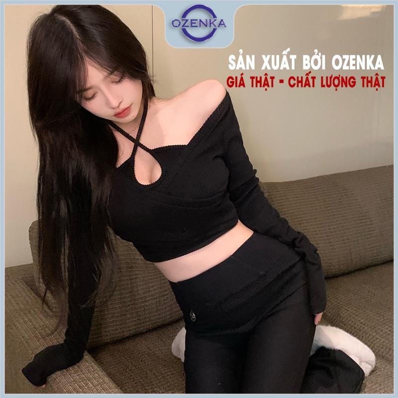 Áo croptop trễ vai tay dài ôm nữ 2 lớp Ozenka , áo crt cổ yếm buộc dây sau gáy màu đen trắng chất gân cotton mềm mịn mát