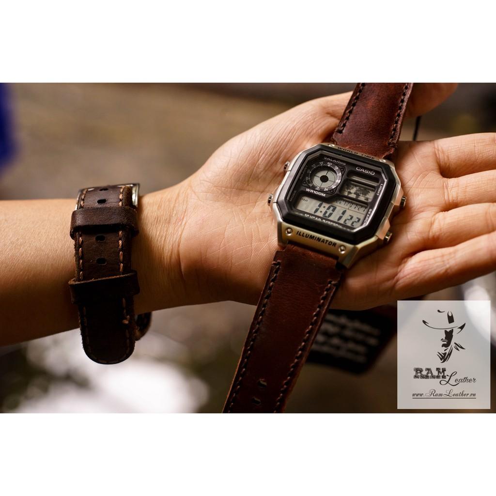 Dây đồng hồ da bò cho Casio AE1200 WHD và Seiko 5 37mm - Da bò nâu sáng