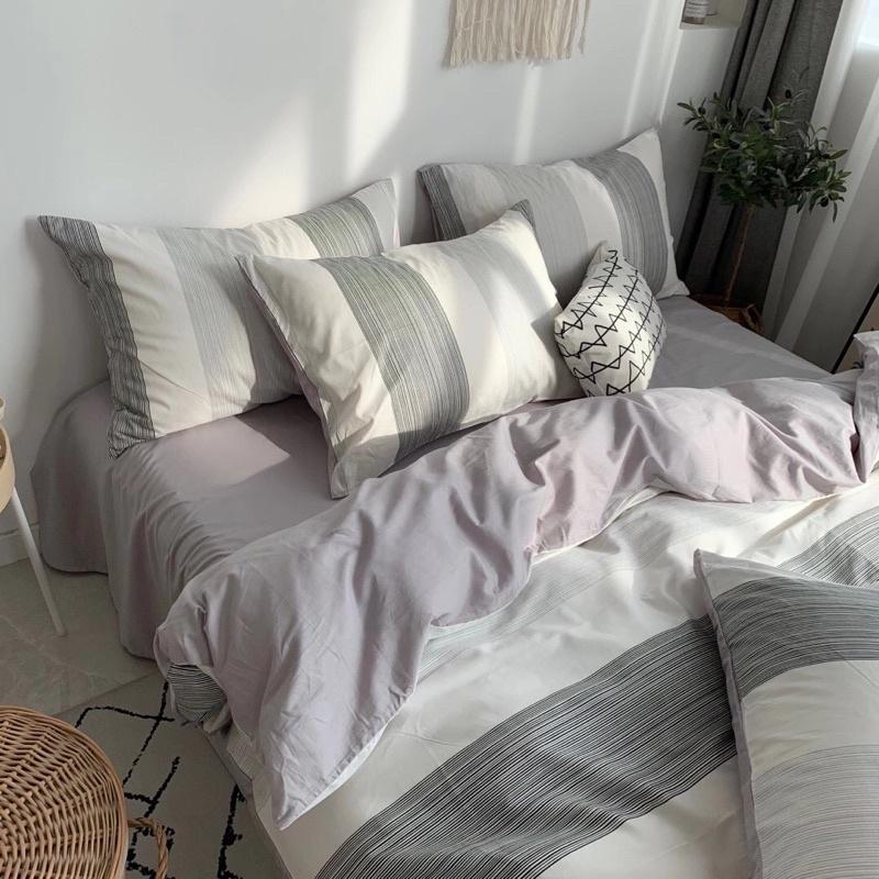 Set Cotton Living Hàng Nhập Khẩu Cao Cấp 4 Món Kẻ Trắng
