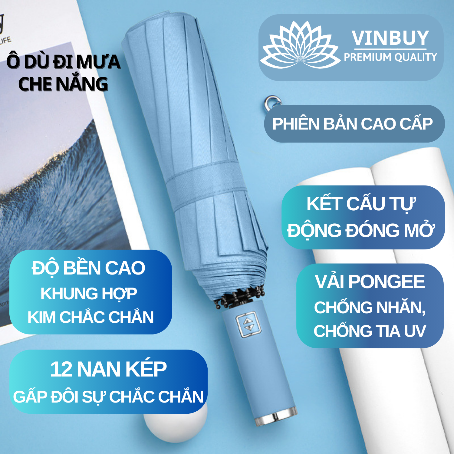 Hình ảnh Ô Dù Che Mưa Nắng Gấp Gọn 2 Chiều Vải Hai Lớp Chống Thấm Cao Cấp – Hàng Chính Hãng 