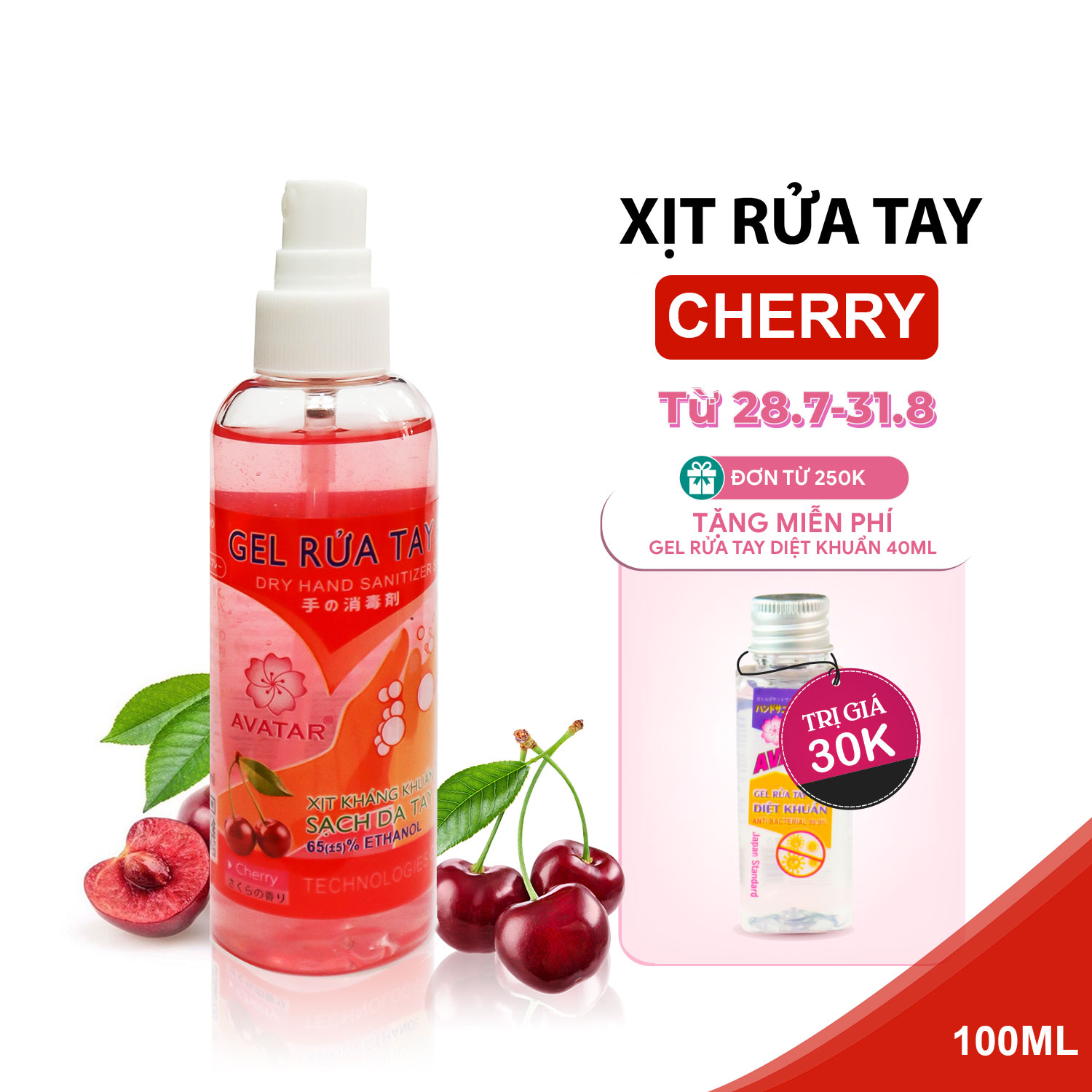 Xịt Rửa Tay Hương Cherry Diệt Khuẩn Vượt Trội, X3 Dưỡng Ẩm Không Gây Khô Da AVATAR 100ml