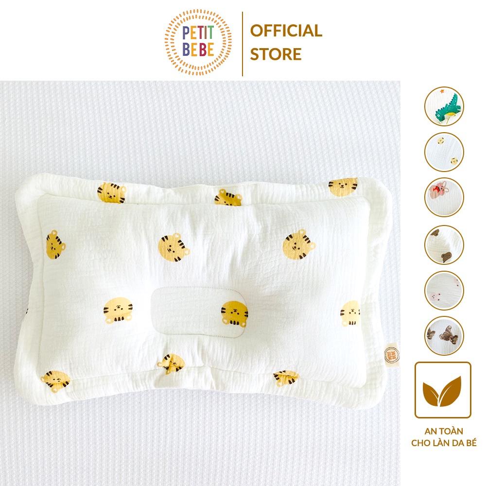 Gối lõm chống bẹp đầu chữ nhật họa tiết thú PETIT BEBE muslin thấm hút thoáng khí cho bé từ 3 tháng tuổi