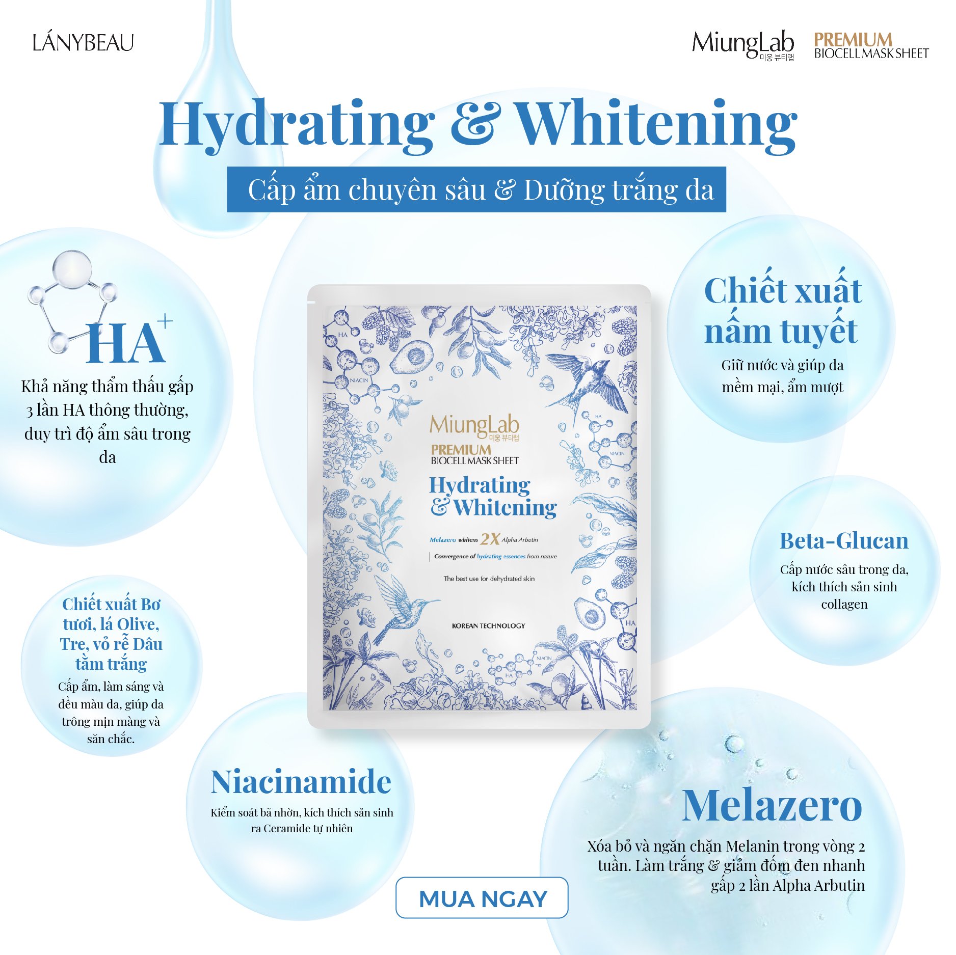 Hộp 8 miếng mặt nạ cấp ẩm và dưỡng trắng da MiungLab Premium Biocell Mask Sheet Hydrating and Whitening (25g/miếng)