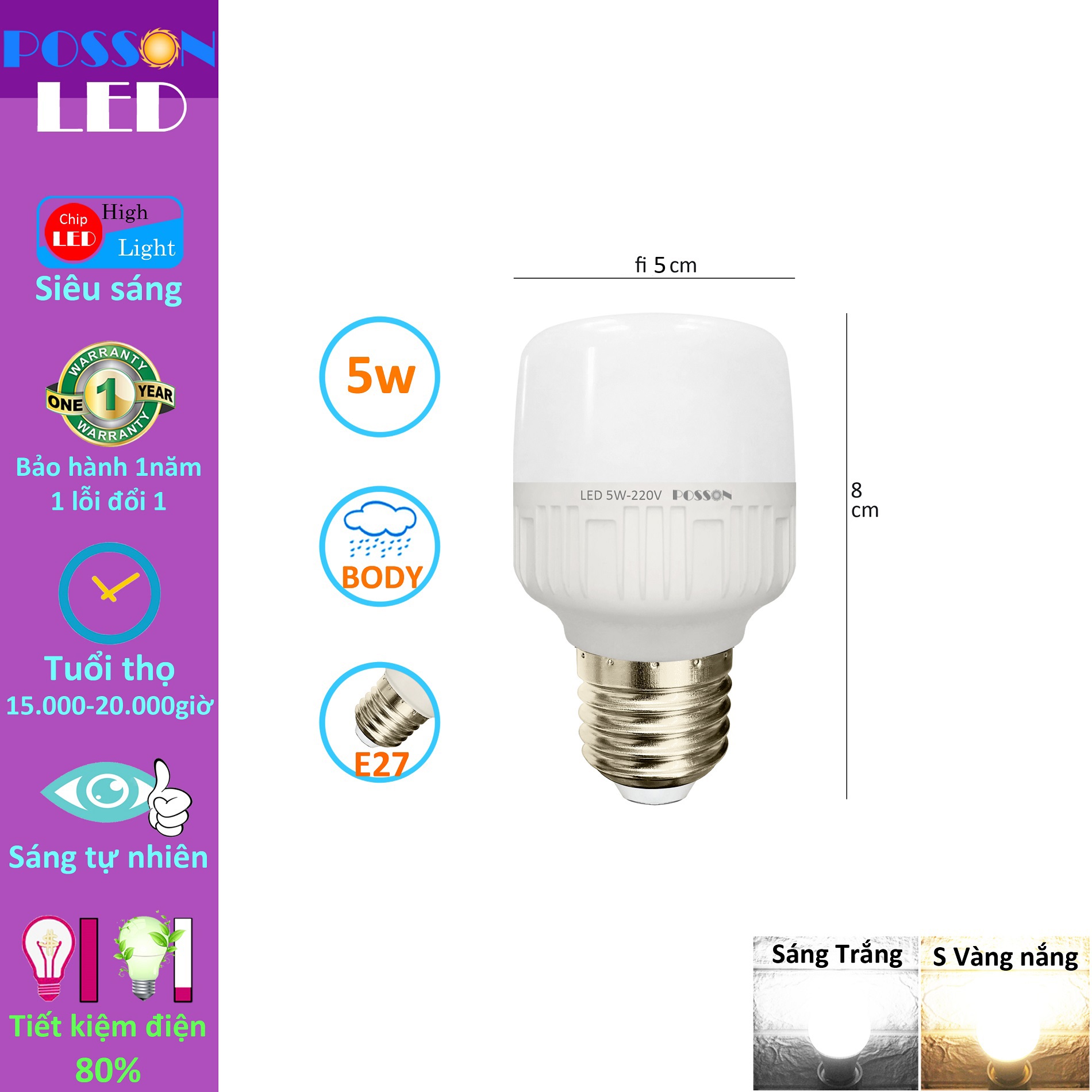 Sỉ 100 Bóng đèn Led trụ 5w bup trụ T50 tiết kiệm điện thân kín chống nước mưa trang trí ngoài trời Posson LC-5x