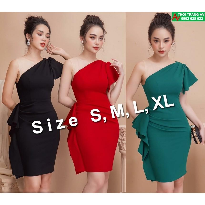 Đầm ôm body lệch vai phối lưới dún eo - AV6194