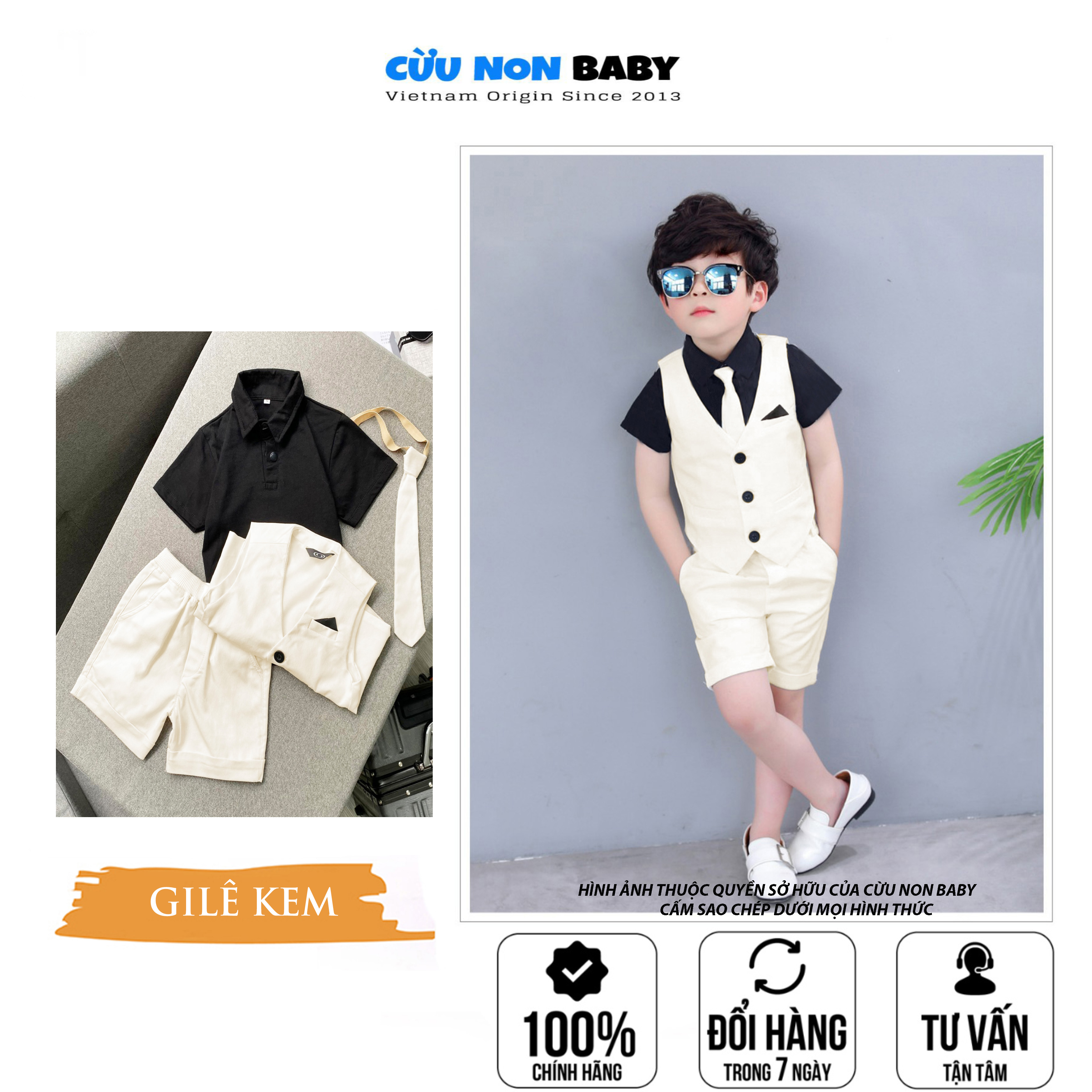 Bộ Vest Ghile Bé Trai Công Tử Bạc Liêu Sang Chảnh + Tặng kèm áo thun cổ sơmi  - Kem
