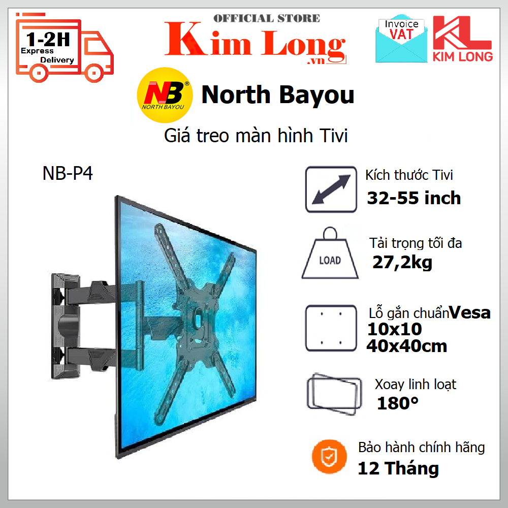 Giá Khung treo tivi North Bayou NB-P4 Xoay đa năng từ 32 đến 55 inch , Tải trọng tối đa 27Kg - Hàng chính hãng