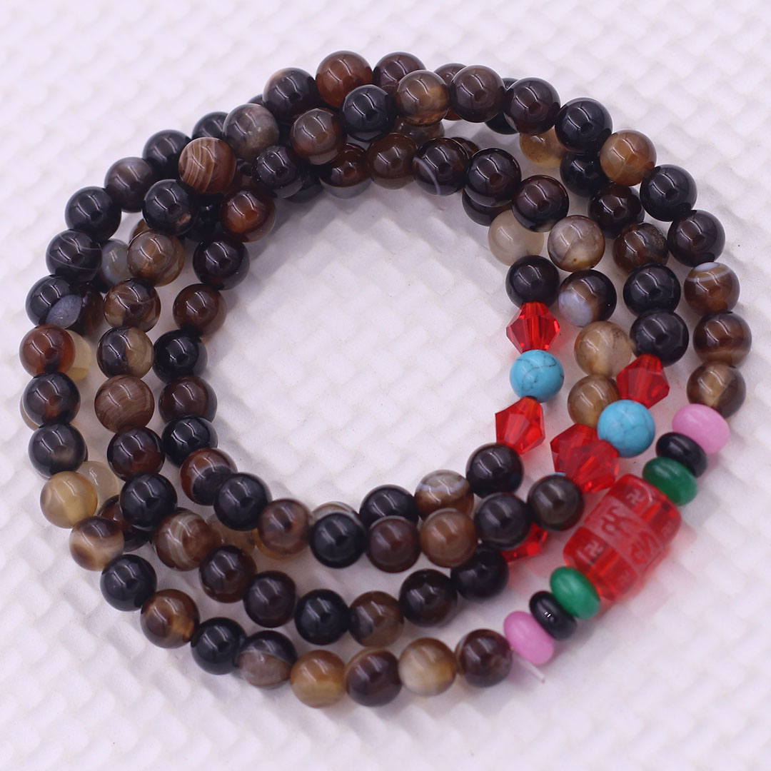 Vòng chuỗi 108 hạt mã não nâu sọc charm lục tự kim ngôn - hạt 8 ly , vòng chuỗi niệm Phật, vòng chuỗi đeo tay