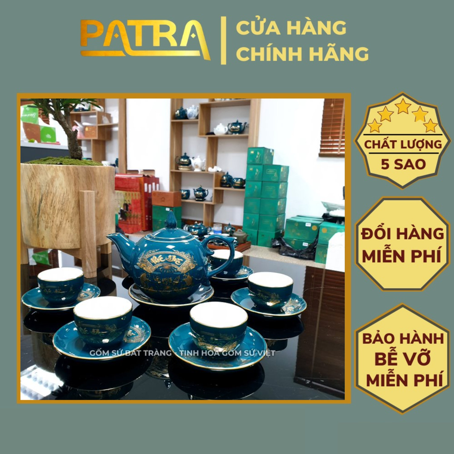 Bộ ấm chén uống trà cao cấp , bộ ấm trà Bát Tràng - phúc đức xanh mallard