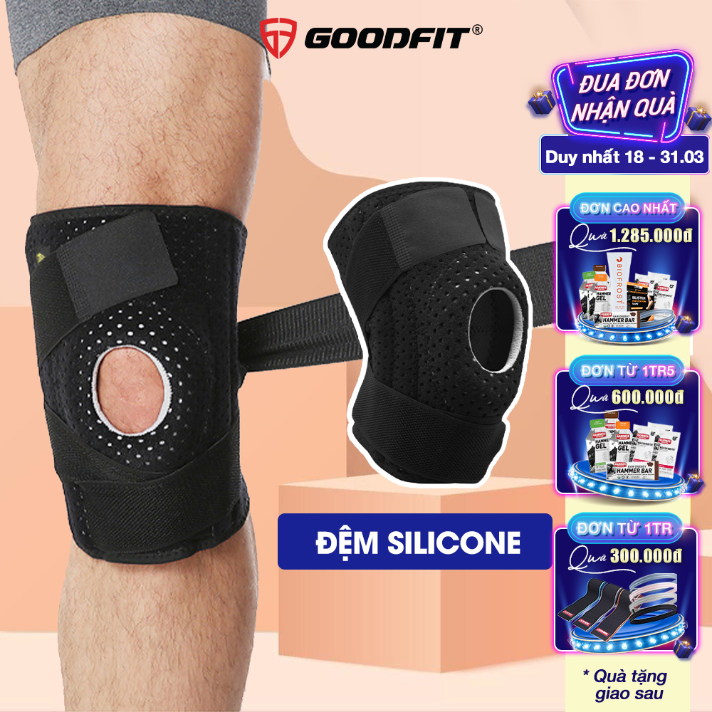 Bó gối thể thao, băng đầu gối tập gym GoodFit đệm silicone, thanh lò xo trợ lực GF512K