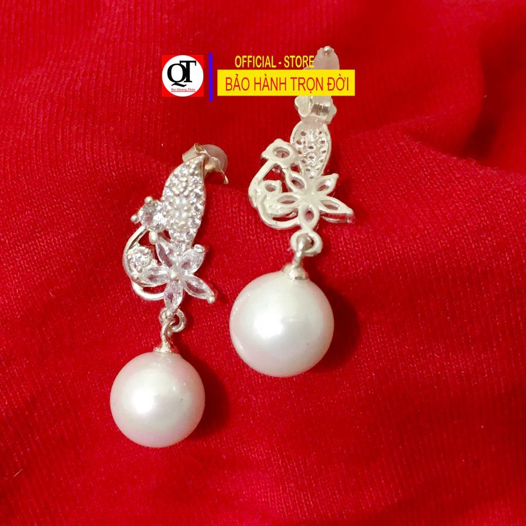 Khuyên tai nữ ngọc giáng dài chốt đeo sát tai gắn đá cao cấp trang sức Bạc Quang Thản - QTBT.CT112