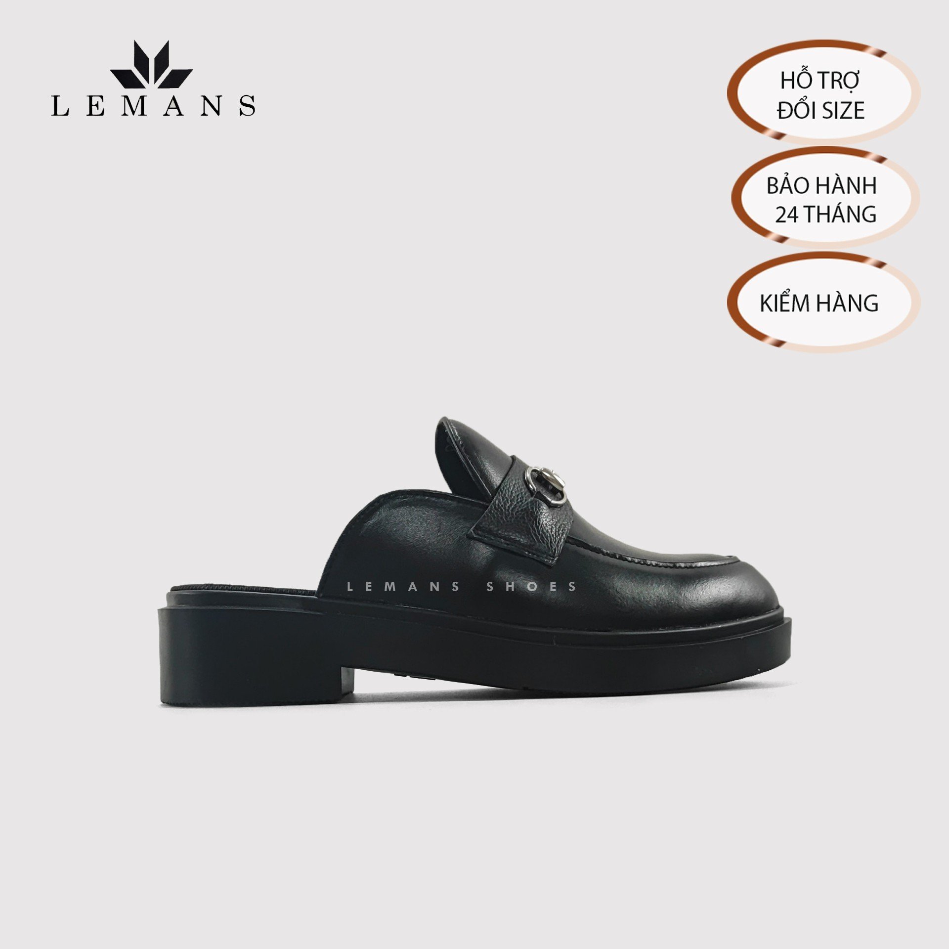 Giày Sục LEMANS Mules Loafer - Black. Da bò nguyên tấm Đế khuôn độc quyền tăng cao 4cm. Bảo hành 24 Tháng