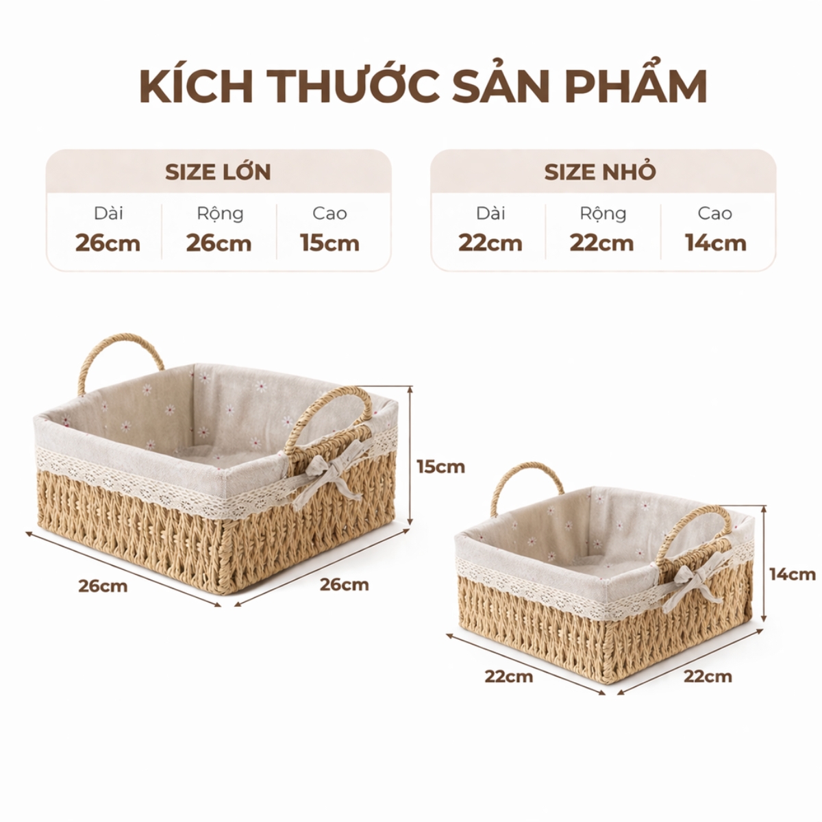 Giỏ Decor Hình Vuông Có Quai Xách – Đan Tay Thủ Công, Lót Vải Hoa Vintage, Trang Trí &amp; Đựng Đồ Đa Năng